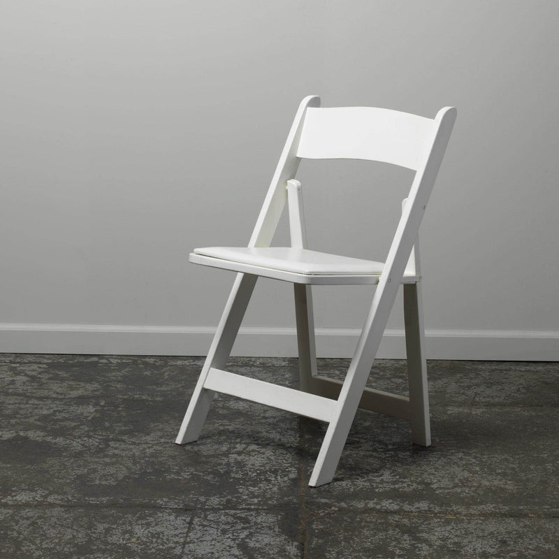 White Wooden Folding Chair with Padded Seat Heirloom Events
